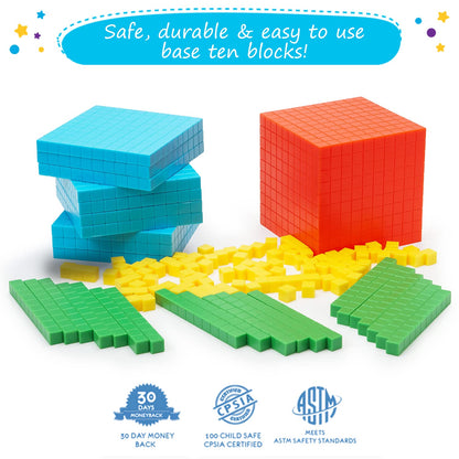 Simply magic 140+1 PCS Colorful Base Ten Blocks & Activities Set - Base Ten Blocks Classroom Set, Base 10 Math Manipulatives, Place Value Blocks Mat, Ones Tens Hundreds Blocks, Math Counters Cubes