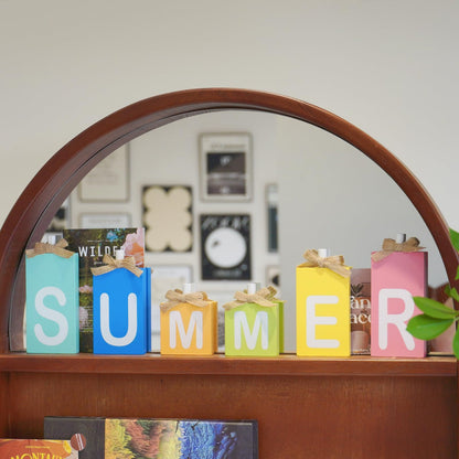 NYUWOAURC Summer Decorations for Home,6 Pcs Wooden Signs Letter Blocks,Rustic Farmhouse Summer Table Decoration Indoor,Double Sides Seasonal Decor Party Centerpiece For Tiered Tray Tabletop Shelf Desk Mantel
