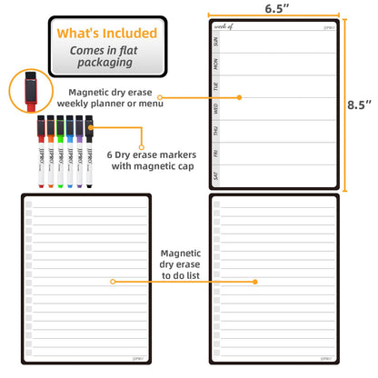 JPRO Magnetic Weekly Calendar and to Do List for Fridge - 8.5" x 6.5" Weekly Meal Planner for Refrigerator and Dry Erase Daily to-Do List -6 Markers Included!