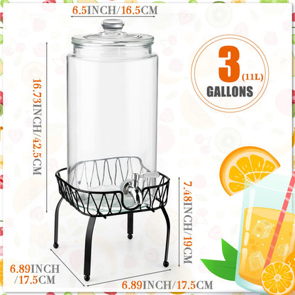Honeydak 1 Pack 3 Gallon Glass Drink Dispenser for Parties Glass Beverage Dispenser with Stand and Spigot Leakproof Iced Water Storage Lemonade Juice Jar Mason with Lids for Wedding Parties Kitchen