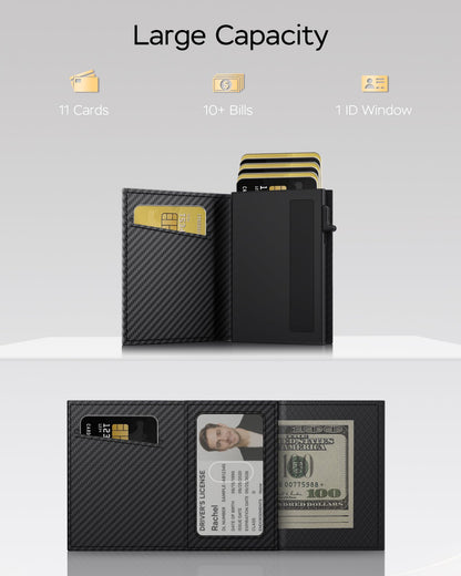 RFID Wallet for Men with Smart Pop Up Card Holder, Trifold Slim Minimalist Front Pocket Wallet with Metal Case ID Window Cash Slot & Magnetic Closure, 11+ Cards 10+ Bills Capacity, Gift for Men / Him