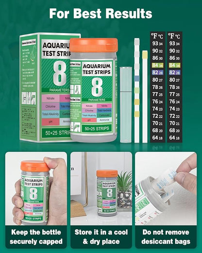 Pawfly 8 in 1 Aquarium Test Strips, 75 Strips Fish Tank Water Testing kit for pH Chlorine Nitrate Nitrite Carbonate Hardness Total Alkalinity & Ammonia Water Quality Freshwater Saltwater Test Kit