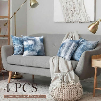 Set of 4 Blue and Grey Abstract Art Artwork Pillow Cover 16 x 16 Inch, Gallery Modern Decorative Throw Pillows Cushion Cover for Bedroom Sofa Living Room