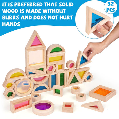 Agirlgle Wooden Rainbow Building Blocks for Kids 32 Pcs Rainbow Stacker Stacking Blocks Game Colorful Construction Toys Preschool Learning Educational Toys -Geometry Wooden Blocks for Boys & Girls