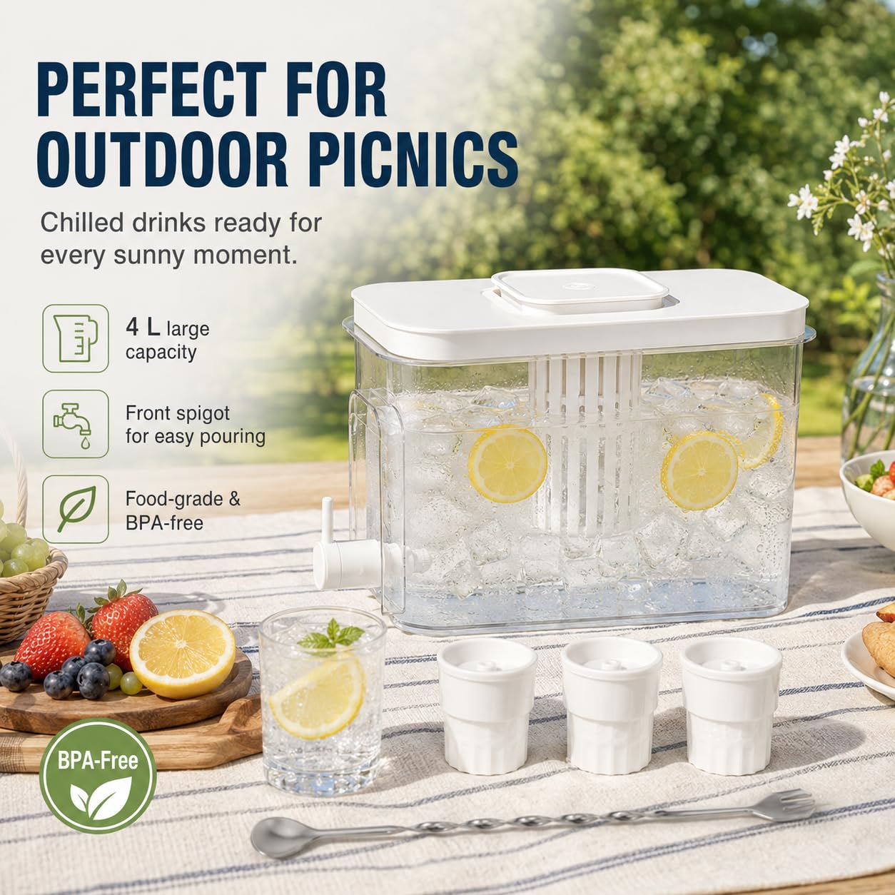 1.1 Gallon Beverage Dispenser with Spigot - BPA-Free Water Jug for Refrigerator, Includes 3 Ice Ball Molds & Bar Spoon - Leak-Proof Drink Container for Party, Iced Tea - White 5-Piece Set
