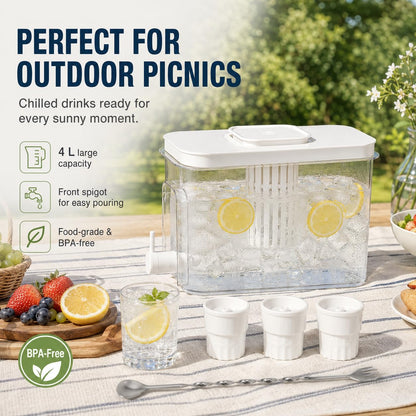1.1 Gallon Beverage Dispenser with Spigot - BPA-Free Water Jug for Refrigerator, Includes 3 Ice Ball Molds & Bar Spoon - Leak-Proof Drink Container for Party, Iced Tea - White 5-Piece Set