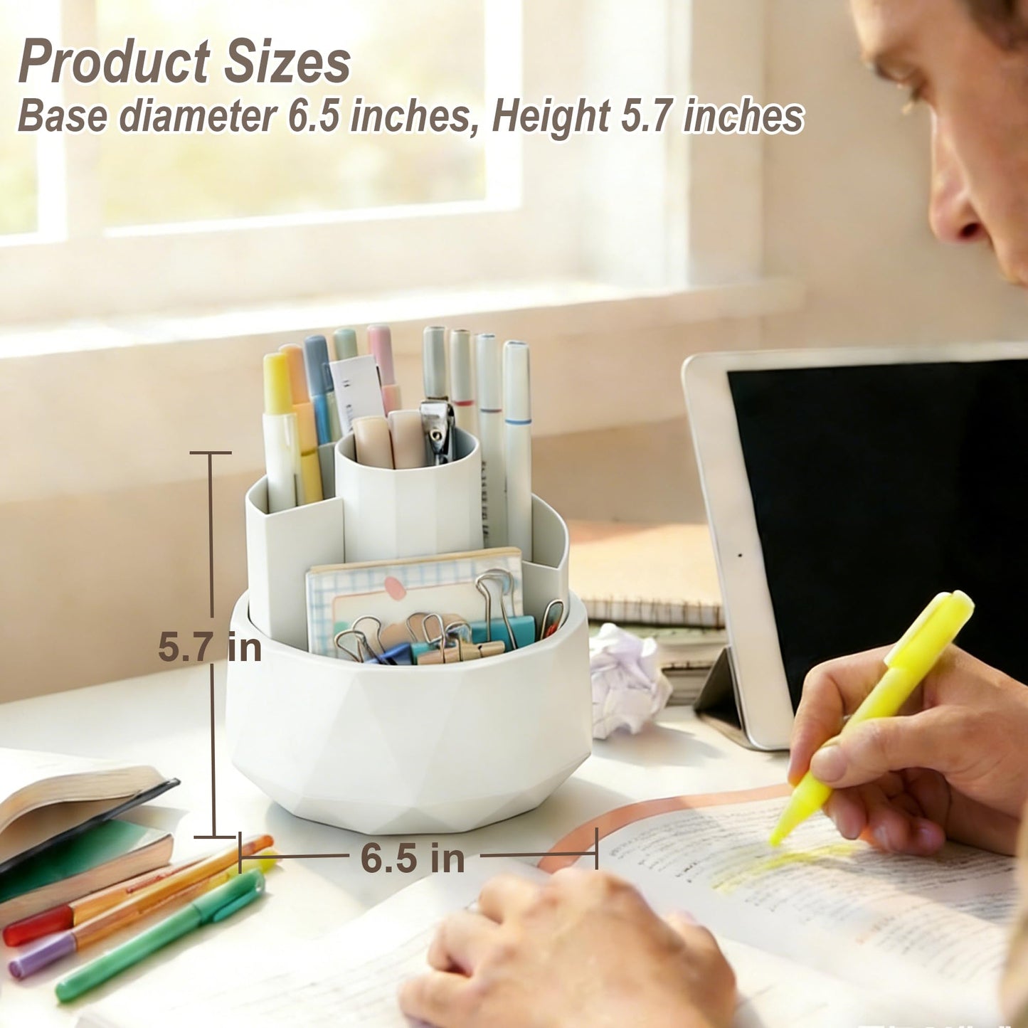 Dlicoda 360° Rotating Pen Holder, Large Capacity Pencil Organizer with 4 Compartments for Office and Art Supplies (White)