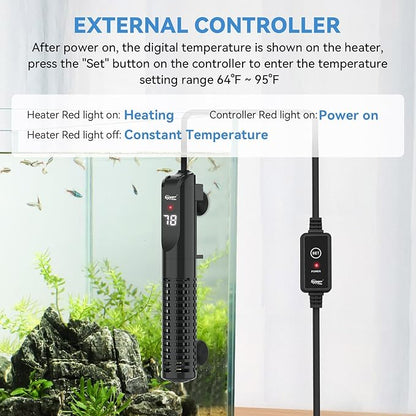 hygger Ceramic Submersible Aquarium Heater, New Explosion-Proof Fish Tank Water Heater with External Temp Controller Auto Thermostat Heater for Saltwater Freshwater (300W for 25~80 Gallon)
