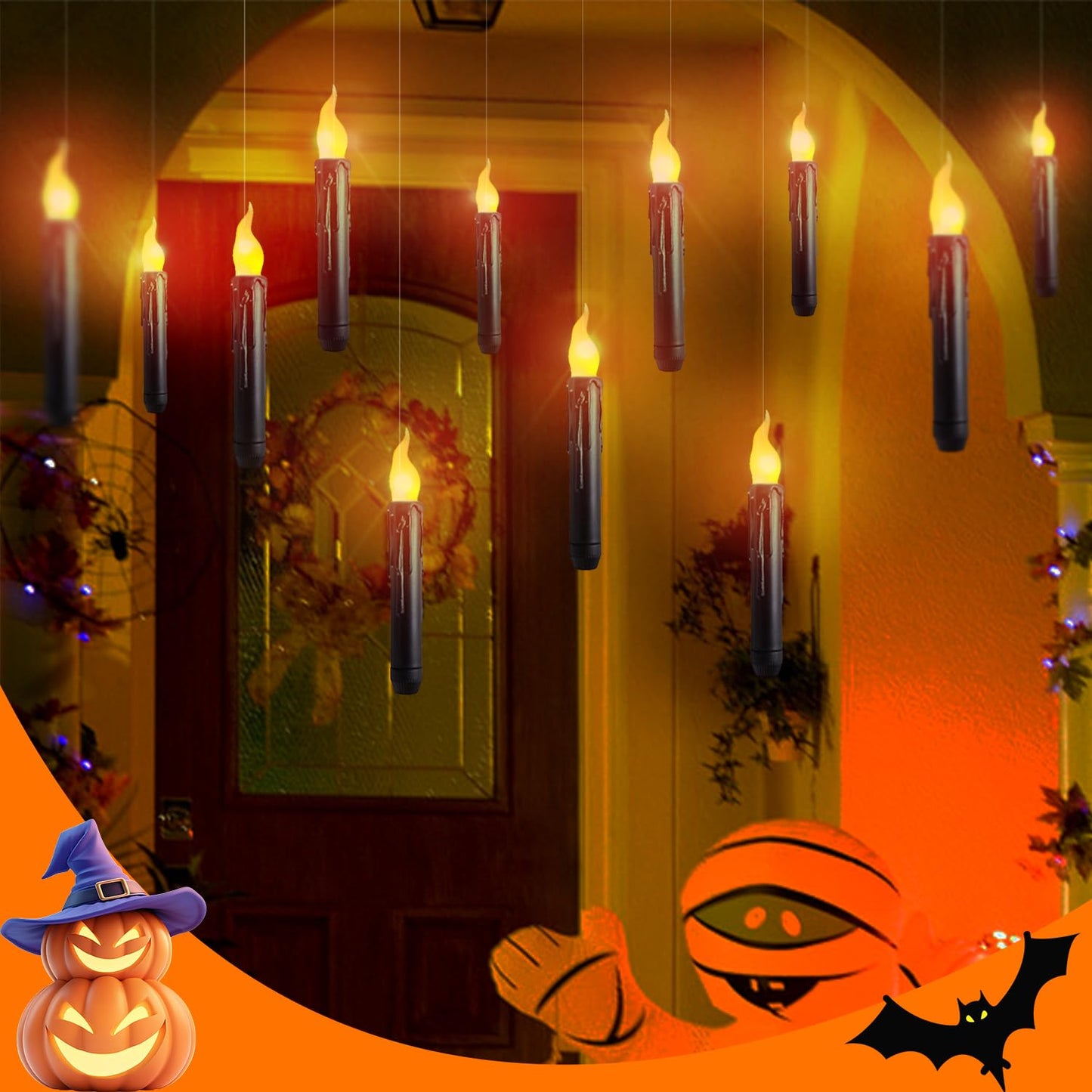 Floating Candles with Magic Wand Remote - 12 Pack Black Battery Operated Flickering Hanging Flameless LED Candle Lights,Realistic Taper Candles with String for Halloween,Christmas,Windows,Ceiling