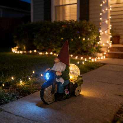 SAMPU Craft Solar Powered Garden Gnome on Motorcycle with Frog and Crackle Glass Globe, Outdoor LED Light Decor for Patio, Lawn, Yard, and Garden (Red)