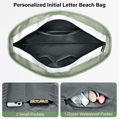 Becokan Beach Bag Initial Beach Tote with Makeup Bag for Travel, Work, Storage Personalized Birthday Gifts for Women Her (Plain, Light Green)