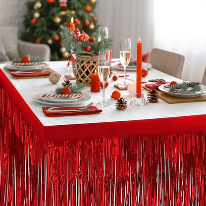 6 PCS Red Metallic Foil Fringe Tinsel Table Skirts 9 Feet x29.5 Inch for Rectangle Tables, Tinsel Backdrop Curtains,Party Supplies,Wedding, Birthday, Parade Floats, Christmas Decorations