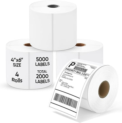 PackGurus 4"x6" Direct Thermal Label Roll, Shipping Labels with Perforated, Commercial Grade for Thermal Printer, 500 Labels/Roll, 4 Rolls (2,000 Labels Total)