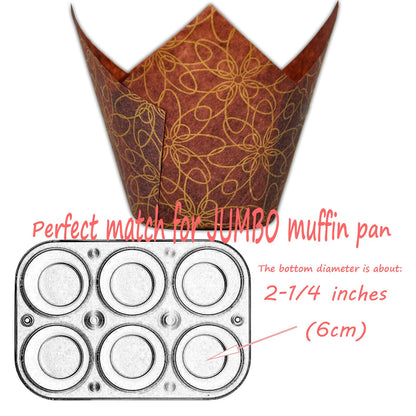 MyBakning (JUMBO Large size) Brown Golden pattern Tulip Baking Cups 2-1/4"(Base diameter) x 3-3/4"(Wall height) Greaseproof paper Muffin liners, Case of 130 pcs