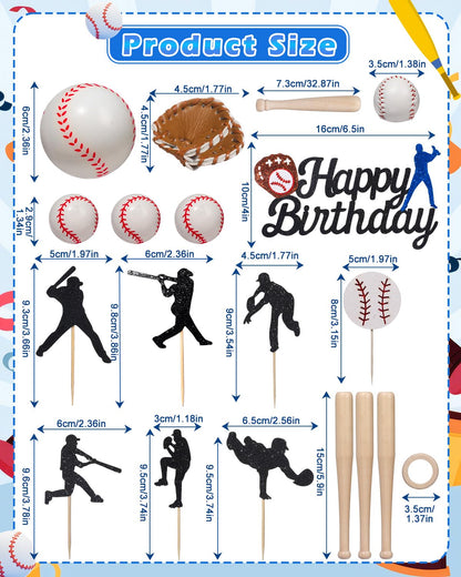 RAYNAG 16 Pcs Baseball Cake Topper Set – Happy Birthday Cake Topper with Baseball Stand, Glove & Foam Baseballs, Baseball Theme Party Supplies for Boys & Sports Lovers, Baseball Birthday Decorations