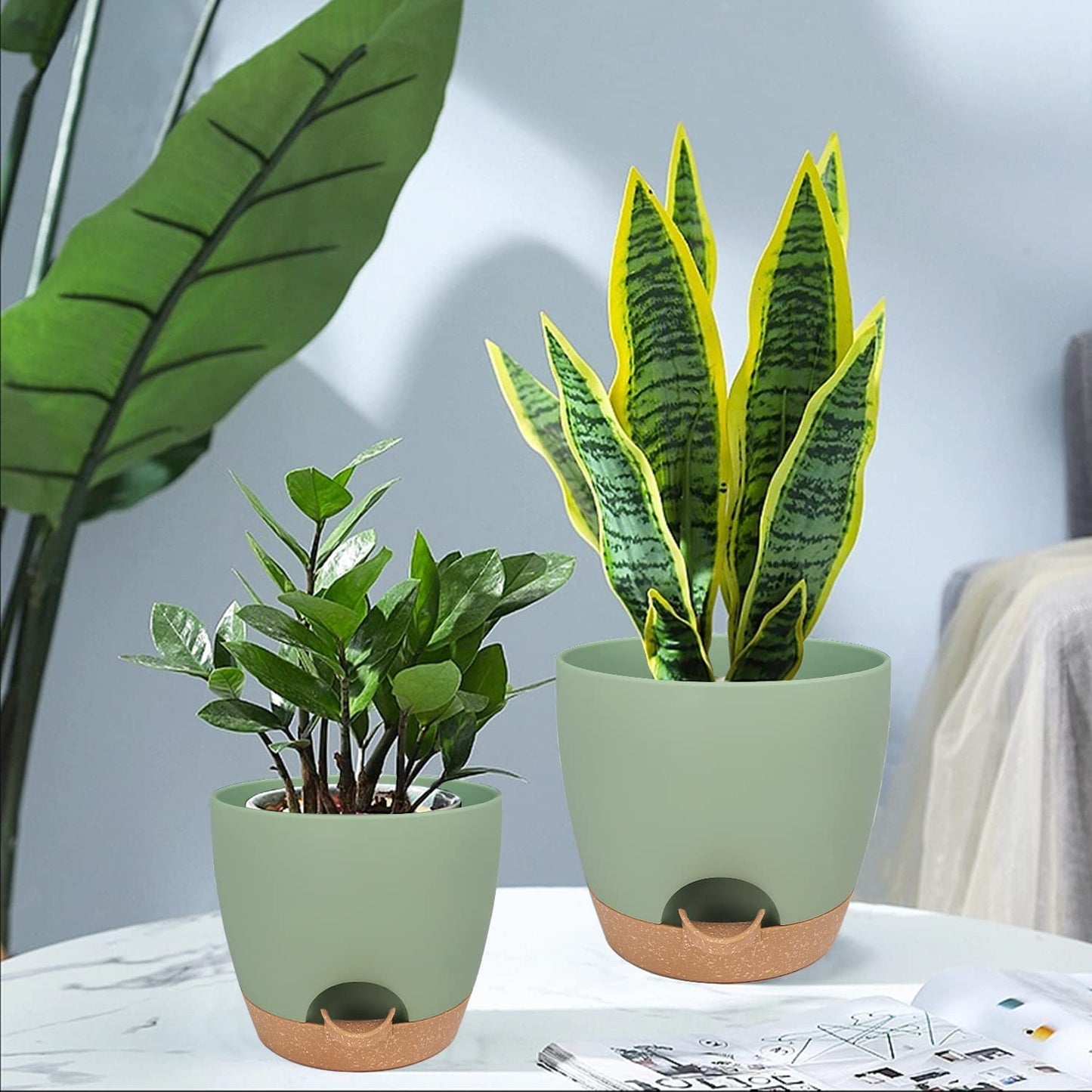 Self Watering Planters with Drainage Holes Reservoir,Nursery Planting Pot for Indoor Decor Garden Plants Succulents,Snake Plant, African Violet,Plastic Flower Pots Set 7+6.5+6+5.5+5 Inch (Green)