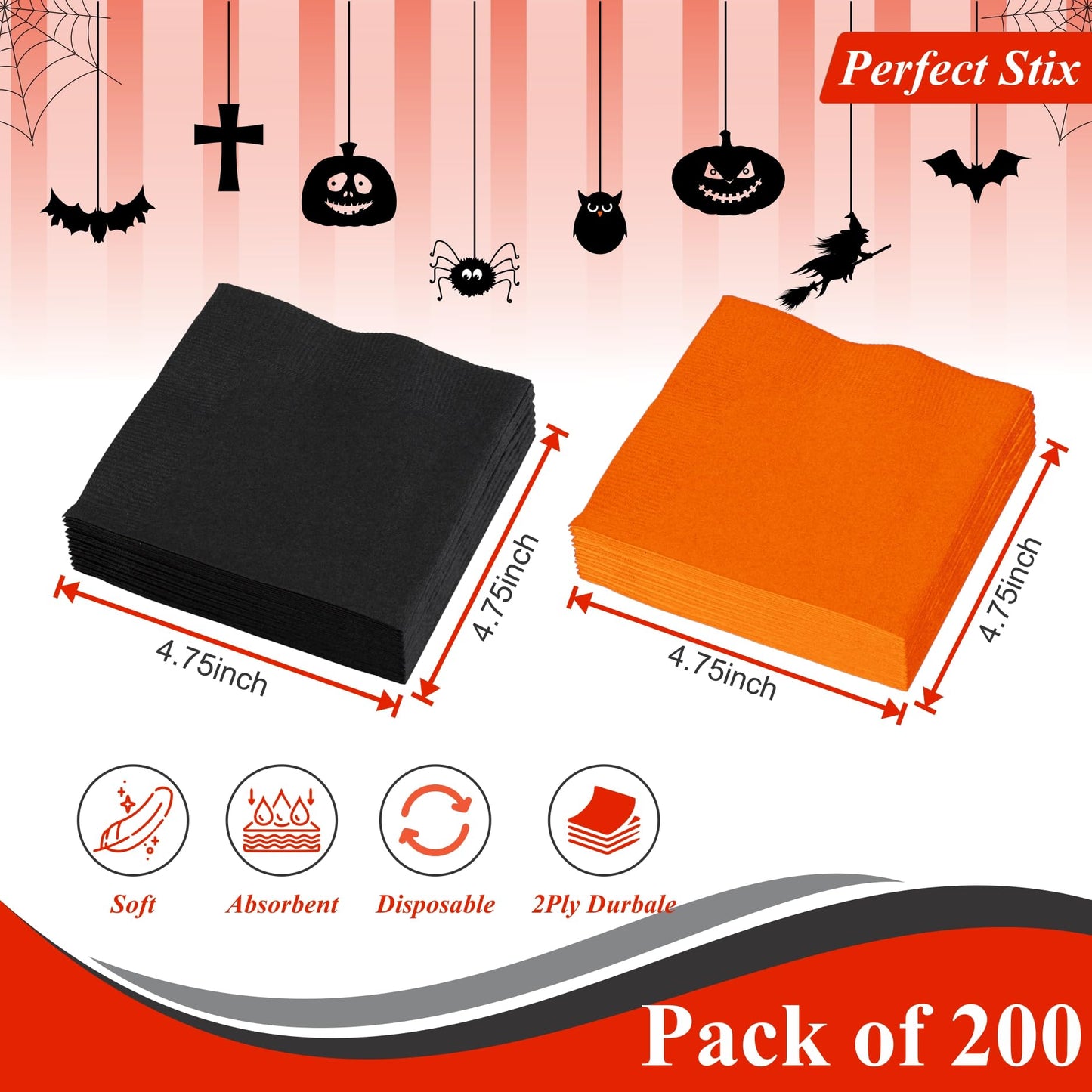 Perfect Stix Halloween Cocktail Napkins, Black and Orange, 200 Count Pack