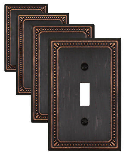 ZILLSEA Metal Wall Plates, Switch Plates and Outlet Covers, Decorative Pearl Design (1 Toggle 4PK, Aged Bronze, Midsize)