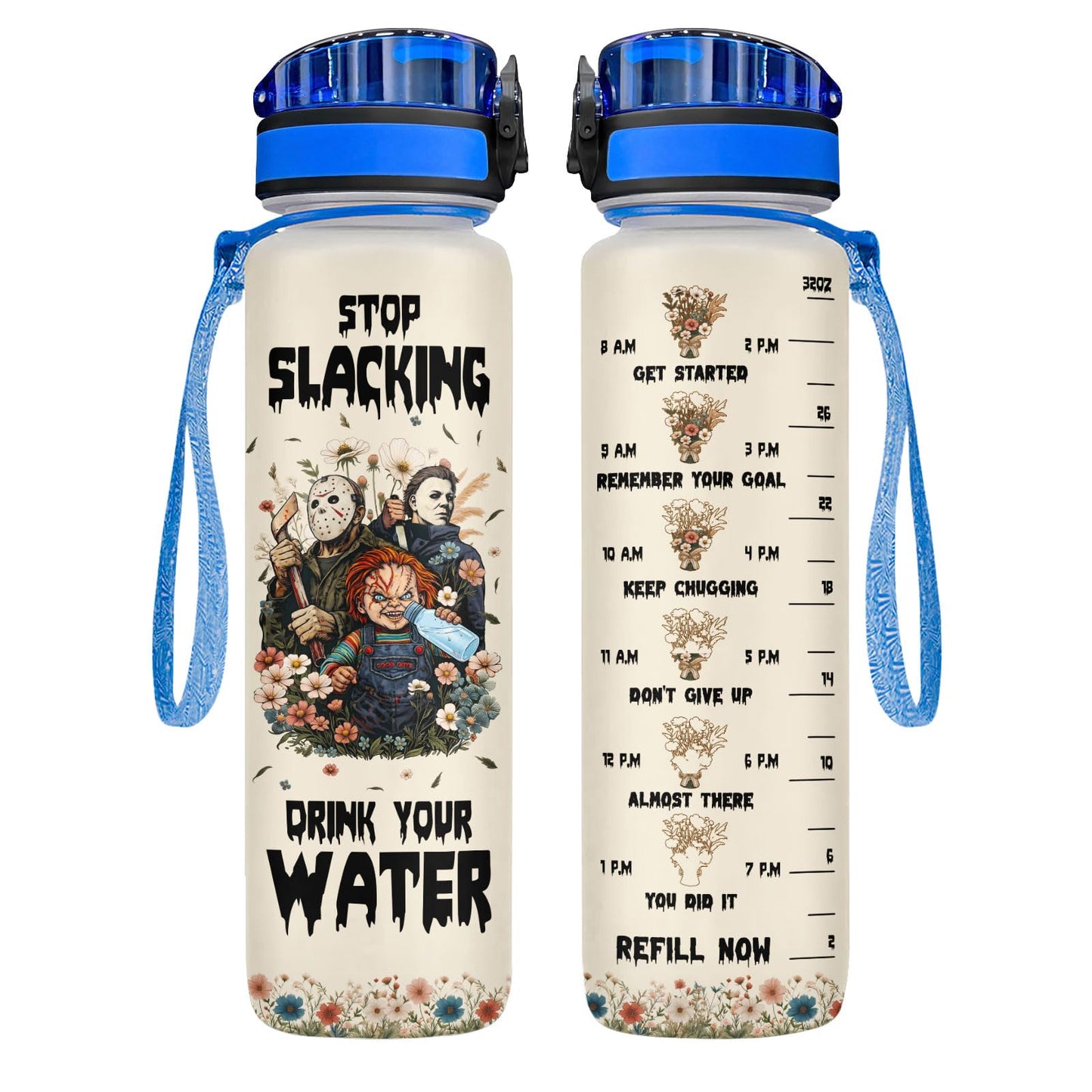 34HD Horror Movie Icons Water Bottle with Time Marker & Straw 32 oz, Horror Mask Birthday Gifts for Fans, Spooky Scary Merchandise Aesthetic Halloween Water Tracker Bottle