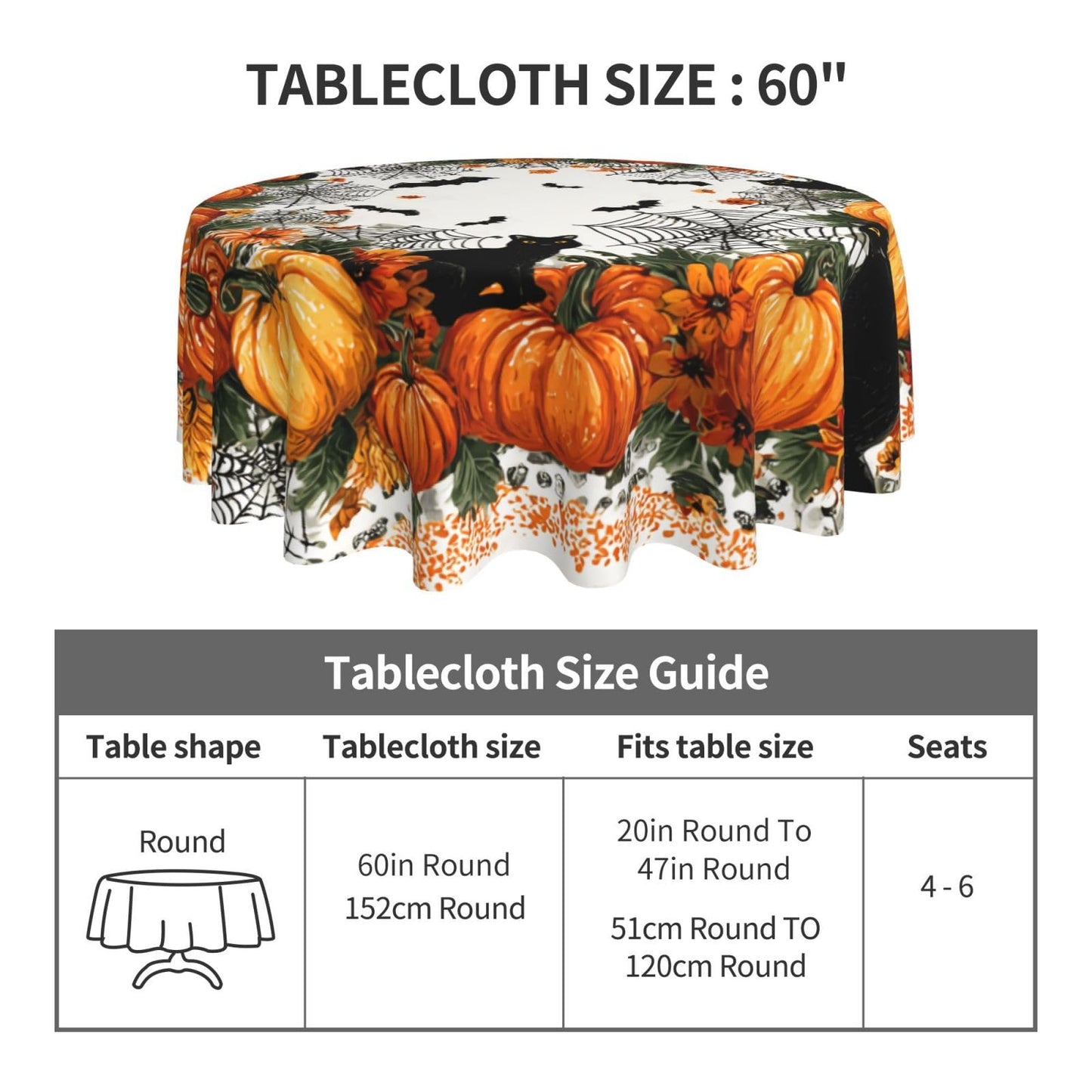 Halloween Pumpkin Bat Round Tablecloth 60 Inch, Black Cat Decorations Round Table Cloth for Halloween Holiday Picnic Party Kitchen/Home Dining Decor