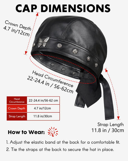Leather Biker Skull Cap for Women Adjustable Motorcycle Cycling Black Bandana Head Wrap Doo Rag