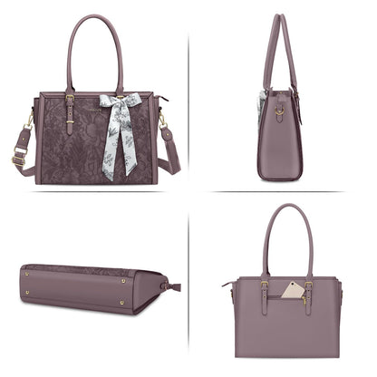 MOSISO Laptop Bag for Women, 17-17.3 inch PU Leather Tote Bag Compatible with MacBook, HP, Dell, Asus Notebook, Front Embossed Retro Hibiscus Computer Bags with Silk Scarf&Clutch Purse, Slate Purple