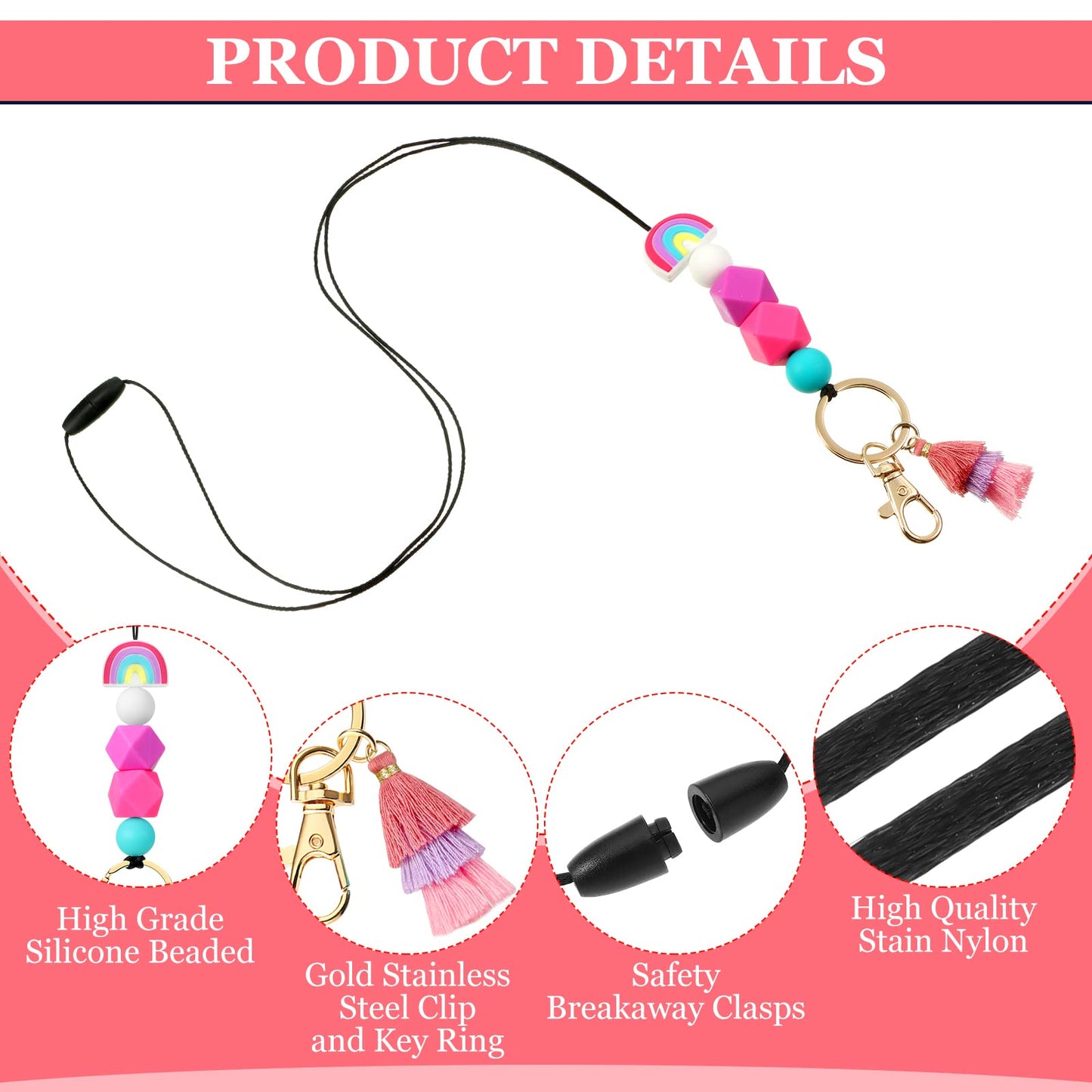 Outus 4 Pcs Teacher Lanyards with Badge Holders, Beaded ID Holder Lanyard for Teachers, Classroom Essentials for Teachers, Back to School Teacher Supplies, Staff Badge Key Holder