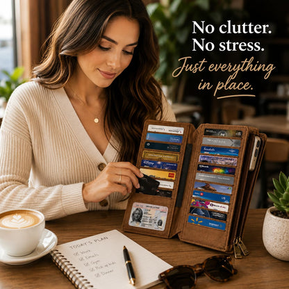 ESS RFID Blocking Leather Wallet for Women Slim Bifold Card Holder – Double Zipper Money Organizer with 43 Card Slots, Passport Pocket, iPhone Storage, ID Window, Travel Wallet Brown