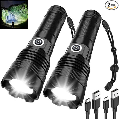 Rechargeable Flashlights High Lumens 2 Pack, Super Bright Tactical Flashlight 3 Modes with Power Display, Waterproof Zoomable LED Flash Light for Home Emergencies Camping Hiking