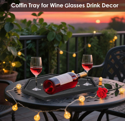 15.7" Solid Wood Coffin Charcuterie Boards with Skeleton Engraving, Halloween Serving Dish Tray, Gothic Cheese Board for Food Fruits Snack, Goth Kitchen Accessories