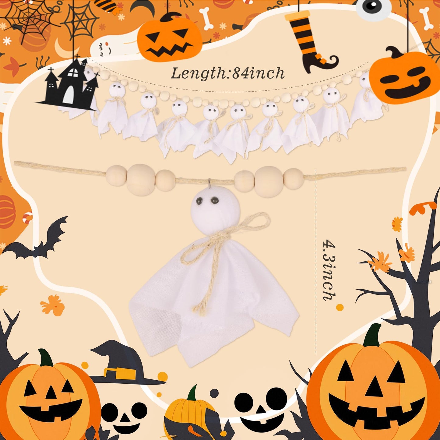 Halloween Decorations Indoor，7Ft Cute Halloween Ghost Garland with Wooden Beads，Handmade Rustic Banner for Mantel Wall Home Office School Indoor Outdoor Spring Decor Supplies