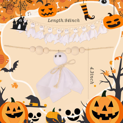 Halloween Decorations Indoor，7Ft Cute Halloween Ghost Garland with Wooden Beads，Handmade Rustic Banner for Mantel Wall Home Office School Indoor Outdoor Spring Decor Supplies