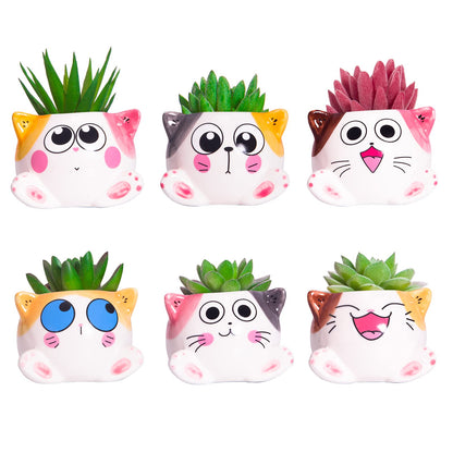 YINUOWEI Cute Succulent Pots with Drainage Cat Planters for Indoor Plants 3.4 Inch Tiny Animal Planters Mini Cat Pots Small Ceramic Flower Pot Cartoon Cactus Plant Pots Set of 6