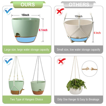 Meowell 10 inch Self Watering Hanging Planters for Indoor Plants, 2 Pack Hanging Baskets for Outdoor Plants, Hanging Flower Pots with Drainage Holes & 2 Kinds of Plant Hangers for Home Decor, Green
