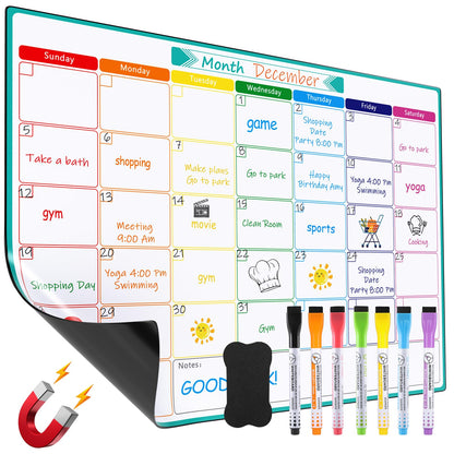 MaxGear Monthly Magnetic Calendar for Fridge, 16" X 12" Fridge Calendar Whiteboard, Reusable Magnetic Dry Erase Calendar White Board Planner for Refrigerator with 7 Fine Point Markers, 1 Eraser