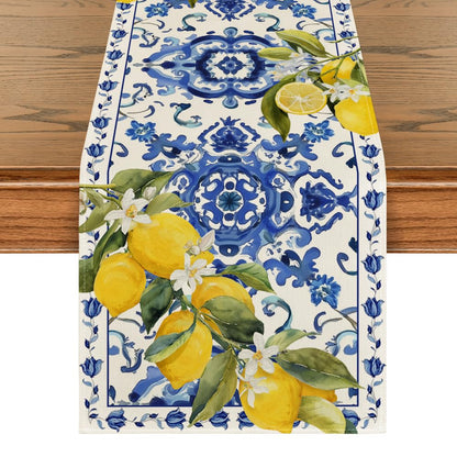 Artoid Mode Lemon Blue and White Porcelain 210 GSM Summer Table Runner, Seasonal Spring Kitchen Dining Table Decoration for Home Party Decor 13x72 Inch