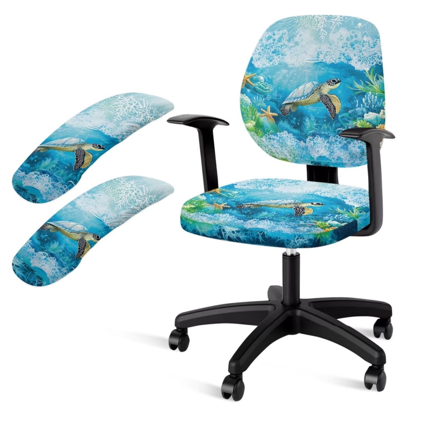 Lotusorchid 4 Pieces Sea Turtle Print Office Chair Covers Set Removable Protective Stretch Printed Computer Office Chair Covers Backrest Cover Chair Armrest Cover, Blue