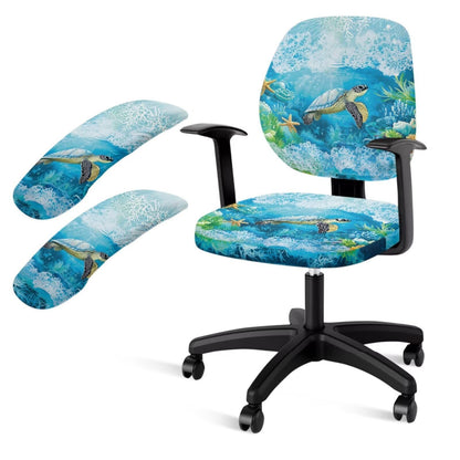 Lotusorchid 4 Pieces Sea Turtle Print Office Chair Covers Set Removable Protective Stretch Printed Computer Office Chair Covers Backrest Cover Chair Armrest Cover, Blue
