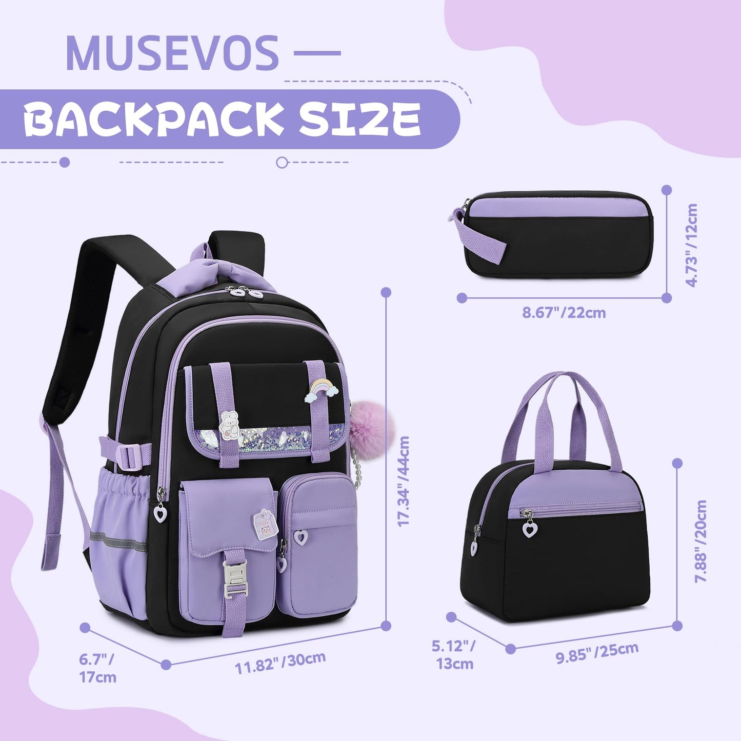MUSEVOS Girls Backpack, Kids Backpack for Girls, School Bookbag for Teens Age 6-15, Large Capacity Water Resistant Backpack for Elementary to High School, Cute Travel Daypack, Black Purple 3pcs