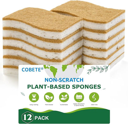 COBETE 12 Pack Natural Biodegradable Kitchen Non Scratch Sponges,Compostable Plant Based Coconut Cellulose Sponge,Eco Friendly Reusable Dish Scrubber Sponge for Pots, Pans & Household Cleaning