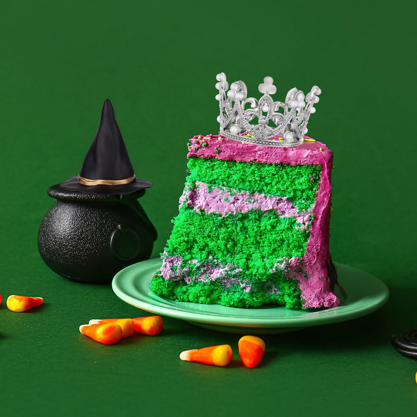 50 Pcs Witch Theme Party Supplies Balloons Cake Topper Black Green Pink Mini Balloons, Silver Plastic Crown and Black Women Witch Hat Fantasy Cake Decoration Balls for Birthday Cake Decoration