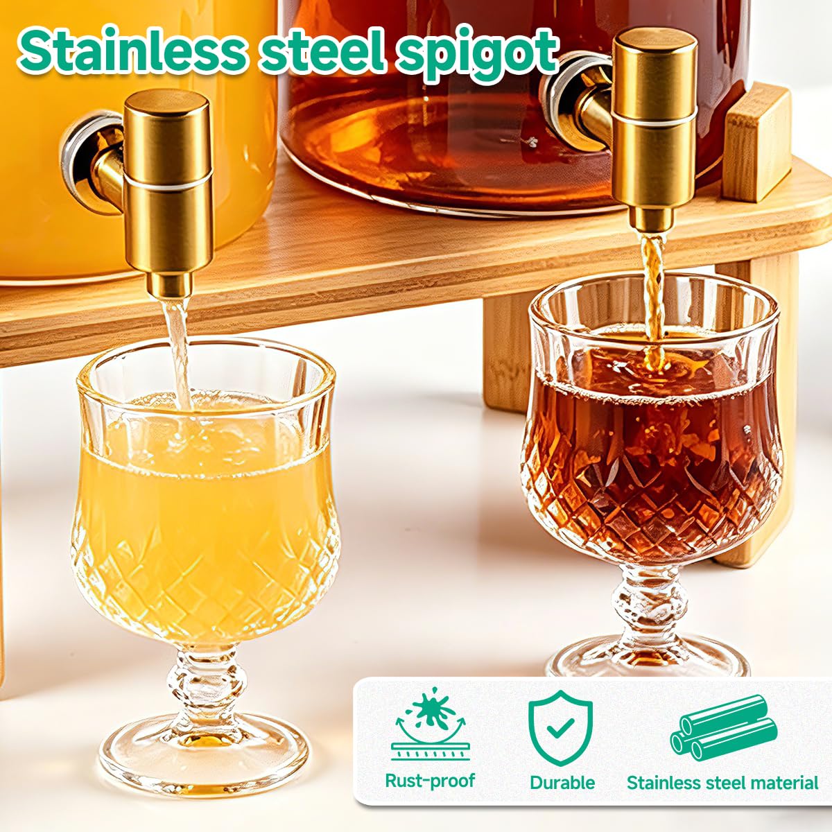 2 Gallon 2 PCS (4 gallon) Beverage Dispenser With Bamboo Wood Stand,Large Glass Drink Dispenser for Parties,Large Water Dispensers with Spigot,Juice Containers & Water Pitcher,Lemonade Dispenser