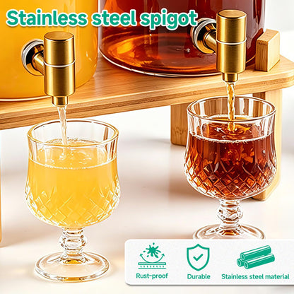 2 Gallon 2 PCS (4 gallon) Beverage Dispenser With Bamboo Wood Stand,Large Glass Drink Dispenser for Parties,Large Water Dispensers with Spigot,Juice Containers & Water Pitcher,Lemonade Dispenser