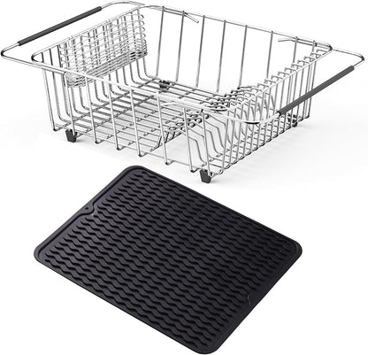 NiuYichee Stainless Steel Dish Drying Rack(15"L X 12.6"W X 4.7"H), Expandable Fruit & Vegetable Drain Rack over Sink, Dish Drainer Rack in Sink, with Stainless Steel Utensil Holder & Silicone Mat(16")