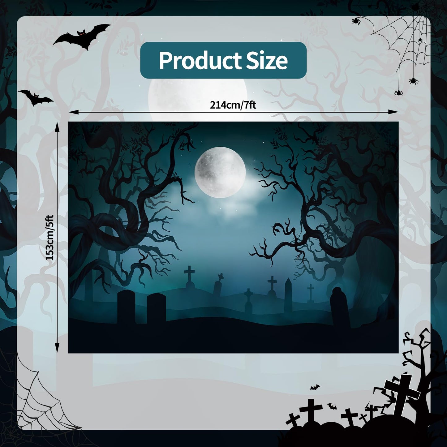 7 x 5 FT Halloween Backdrop - Large Dark Night with Moon, Tombstones Forest Design Wall Hanging Background Spooky Photography Photo Booth Props for Indoor Outdoor Garden Haunted Party Decorations