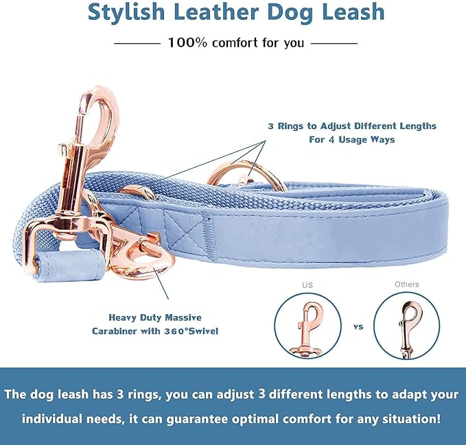 Soft Leather Dog Collar and Leash (6.6') Set - Stylish Rose Gold Heavy Duty Metal Buckle, 4 Adjustable Lengths Leash for Small Medium Large Dogs - Comfortable & Easy to Clean BluePurple S(12.2"-16.9")