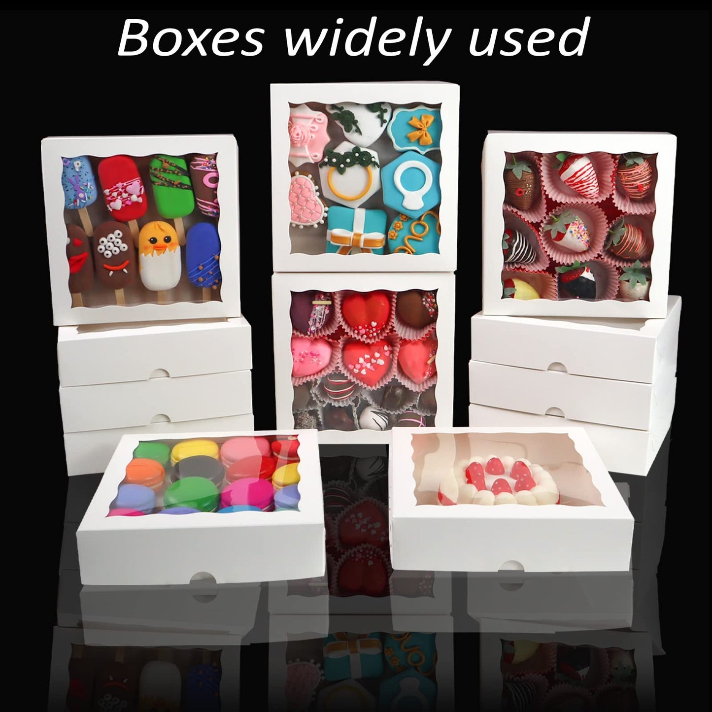 RomanticBaking 50pcs 8x8x2 Inches Bakery Boxes with Window Cookies Boxes Chocolate Covered Strawberries Boxes Cakesicle Boxes for Christmas Valentine's Halloween Easter Father's Mother's Day