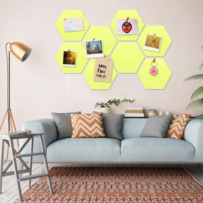 8 Packs Yellow Hexagon Felt Pin Board, 12" Bulletin Board with 30 Push Pins, Felt Board for Home Kitchen Office Decor, Self-Adhesive Corkboard Tiles for Walls Message Photos Memos Display