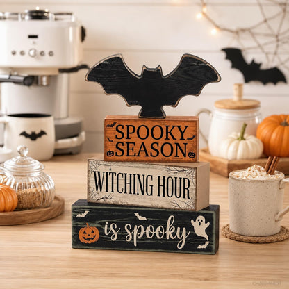 4 Pcs Halloween Table Decorations, Wooden Bat Tiered Tray Decor, Farmhouse Rustic Block Signs, Spooky Season Tabletop Centerpiece for Home Kitchen Shelf Office Mantel