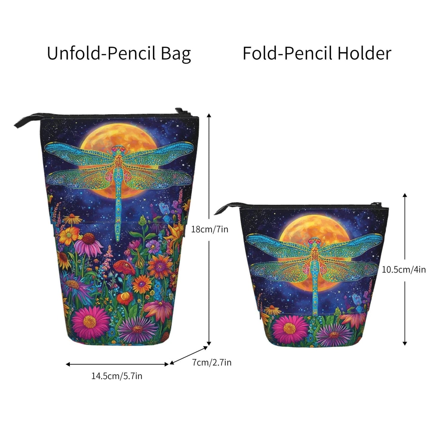 Tezmd Dragonfly Moon Standing Pencil Case Cute Telescopic Stationary Pouch with Zipper Large Capacity Stand up Pen Bag Portable Makeup Holder for School Office Supplies